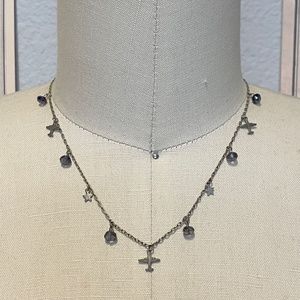 Cute Silver Boeing Dangle Airplane & Stars Charms & Blue Beaded Choker Necklace